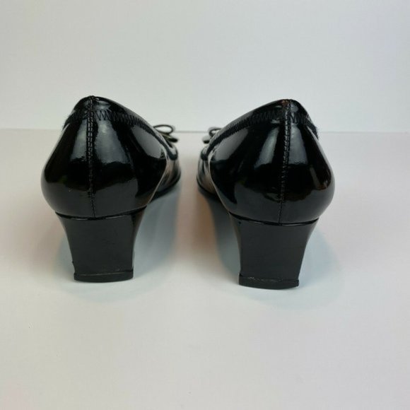 Stuart Weitzman Wedge Heels 5.5‎ Black Patent Leather Silver Bow Office Career - Picture 3 of 11